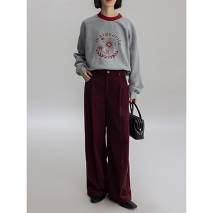 Dotdrobe多着 褶裥纯棉灯芯绒阔休闲裤女2024秋冬-安可拉红/咖色