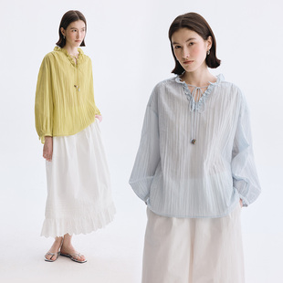 法式 女春夏2026新款 拉夫领 衬衫 可造型系带V领长袖 Dotdrobe多着