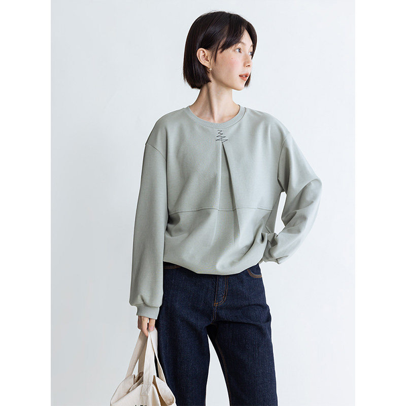 Dotdrobe多着  浅驼色/豆沙绿套头褶裥解构感卫衣女春季长袖圆领