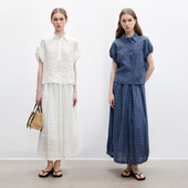 松紧腰灯笼裙套装 Dotdrobe多着 衬衫 抽绳花苞袖 两色入 天丝亚麻