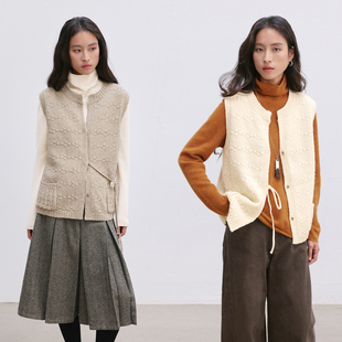 Dotdrobe多着 100%粗纺澳洲羊毛 圆领斜绑带马甲毛衣开衫女秋冬