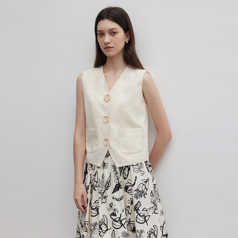 多着花朵扣装饰暗提花马甲背心