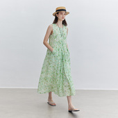 抽象印花超薄无袖 Dotdrobe多着 100%苎麻 连衣裙夏宽松带衬裙绿花