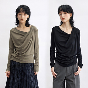 两色入 T恤女早秋新款 Dotdrobe多着 立体剪裁不规则荡领长袖