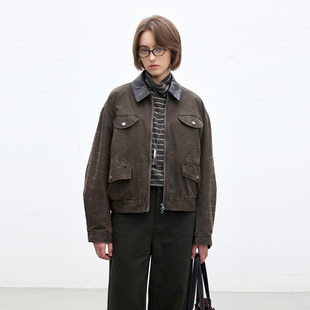 Dotdrobe多着 巴恩风复古水洗纯棉做旧工装夹克女外套秋-烤栗色