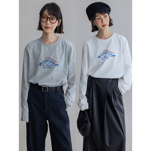 Dotdrobe多着 原创手绘恐龙 纯棉磨毛圆领长袖T恤女秋-米白/花灰