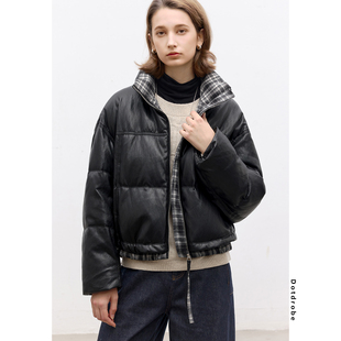 Dotdrobe多着 假两件拼接下摆 90白鸭绒PU皮羽绒服女短款