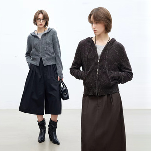 Dotdrobe多着 羊毛混纺花纱双头拉链连帽针织开衫女秋短款-两色入