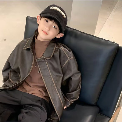 【刘刘妈】亲子装中大童春秋皮外套帅气潮流休闲百搭洋气韩版时尚