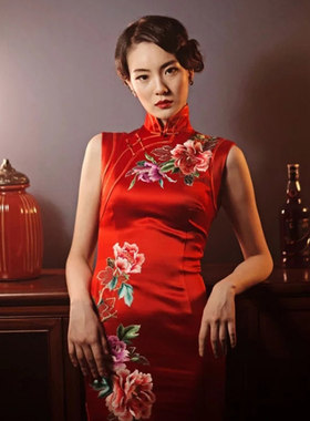 老上海红色旗袍新娘敬酒服2025新款中长款重磅真丝绣花刺绣旗袍裙