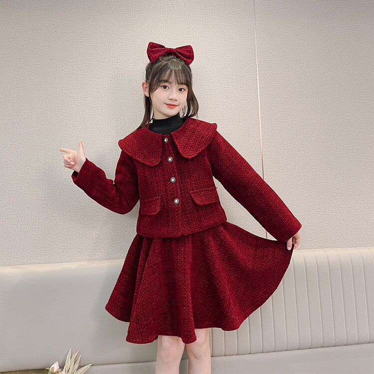 女孩小香风套装加厚夹棉韩版洋气女童年服套裙红色过年新衣冬款