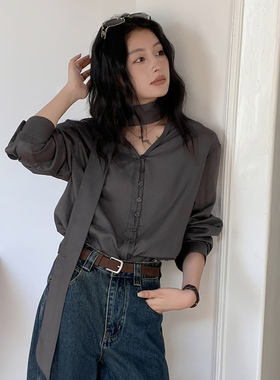 高级感v领菜赛尔亚麻衬衫新款女飘带职场通勤衬衫华贵矜持爆款