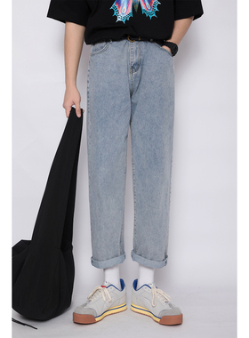 最近超流行的慵懒风宽松浅蓝色牛仔长裤简约休闲裤时尚百搭街拍男