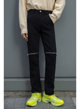 韩版原创黑色宽松牛仔裤男女直筒复古纯色长裤破洞拉链休闲裤潮流