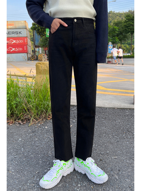 韩版纯色宽松直筒高腰九分毛边牛仔裤子男女同款百搭复古休闲裤潮