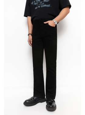 韩版黑色弹力修身微喇牛仔裤男女时尚潮流简约百搭显瘦休闲长裤子