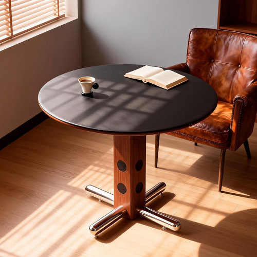 中古风实木岩板小圆桌不锈钢脚