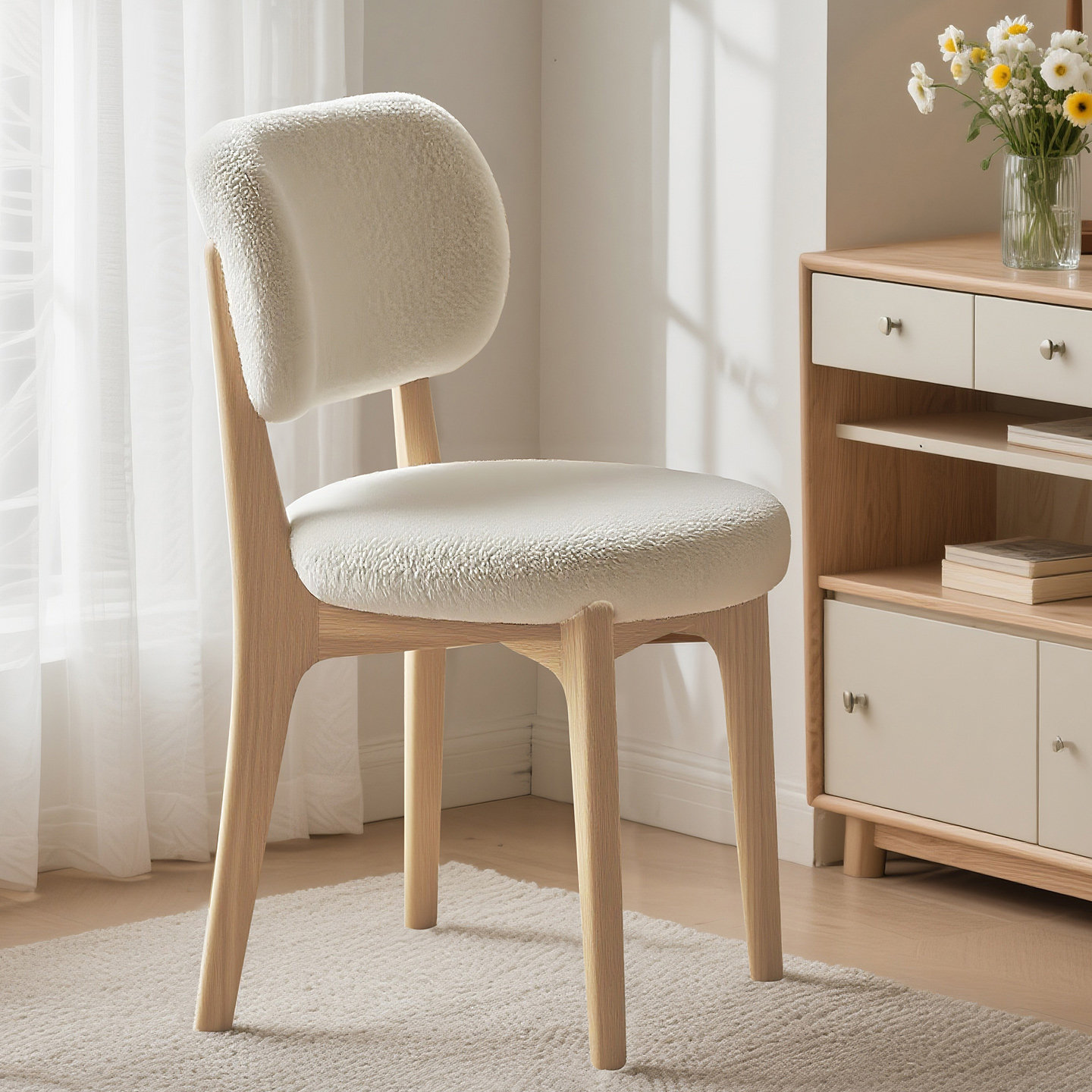 北欧原木奶油风实木皮餐椅家用