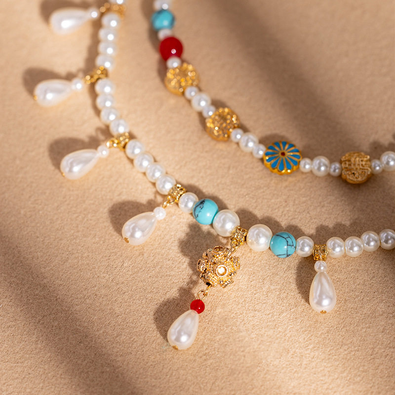 中式复古珍珠项链女多层圆珠链仿珍珠水滴吊坠小众精致百搭