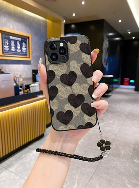 适用苹果15promax手机壳皮纹爱心2024爆款iphone12新款iphnoe14潮牌iphine14p男14rpo女iphon十三iphong十五