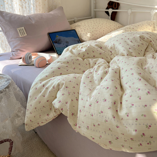 春季A类全棉亲肤双层纱四件套混搭小碎花田园风被套纯棉床单床笠