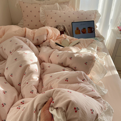 60支全棉色织提花粉色小清新四件套韩式少女心花边被套纯棉床单笠