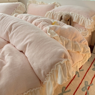 小清新少女粉色牛奶绒四件套花边公主风被套加绒加厚保暖秋冬床品