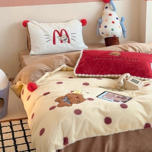 ins冬季加厚保暖兔兔绒四件套儿童卡通可爱毛球被套牛奶绒床单笠
