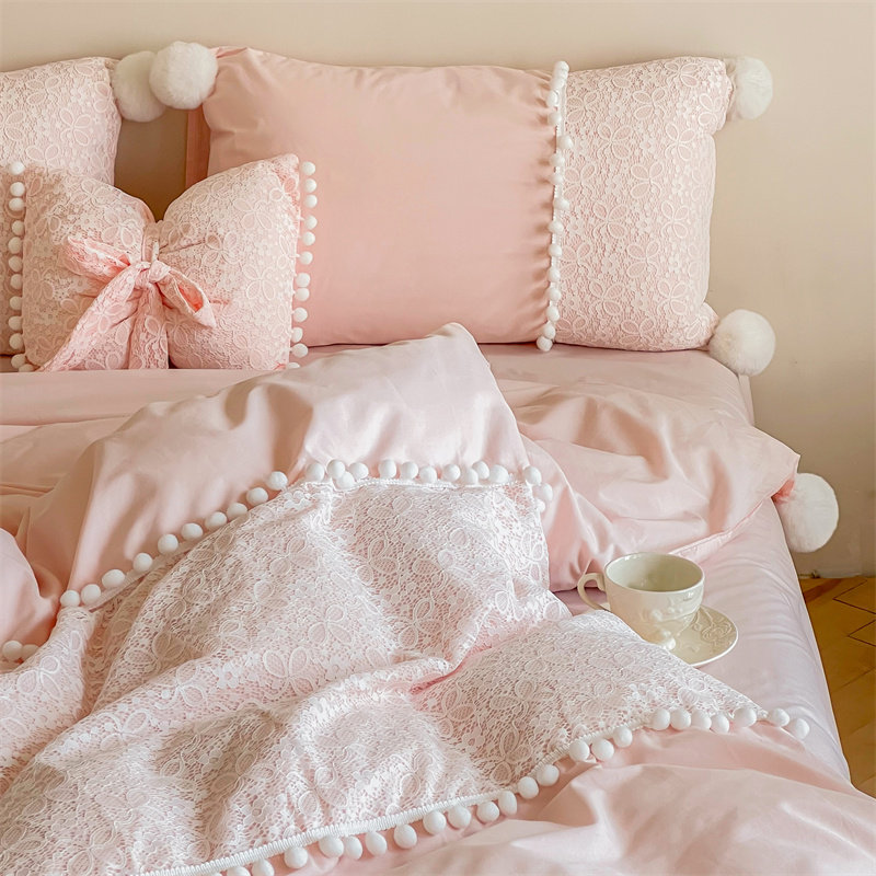 40支全棉少女心粉色四件套公主风蕾丝毛球球被套床单纯棉床上用品
