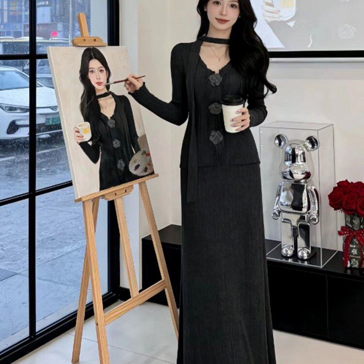 淑女温柔风气质立体花朵修身毛衣半身裙女装2025冬季新款针织套装