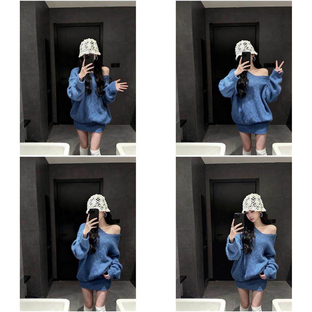 套装女2025新款韩系纯欲风性感露肩蓝色毛衣女高腰显瘦包臀半身裙