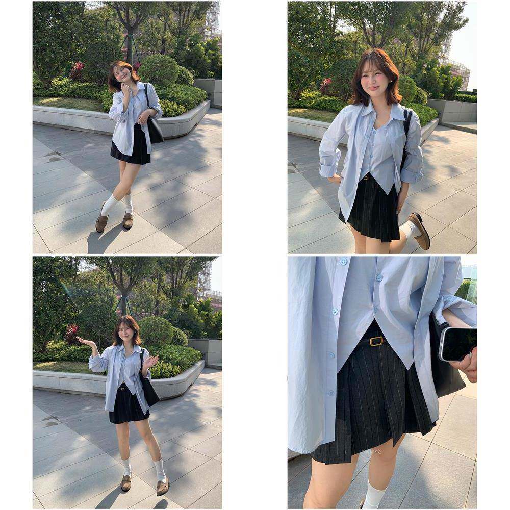 山山屿你【美院在校生】微胖学院风半身裙早春灰色百褶条纹短裙裤