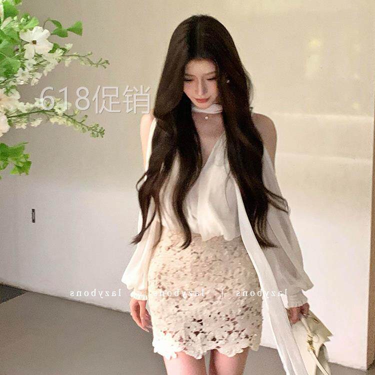 韩系独特绝美小套装女轻熟风纯欲性感雪纺上衣蕾丝包臀短裙两件套