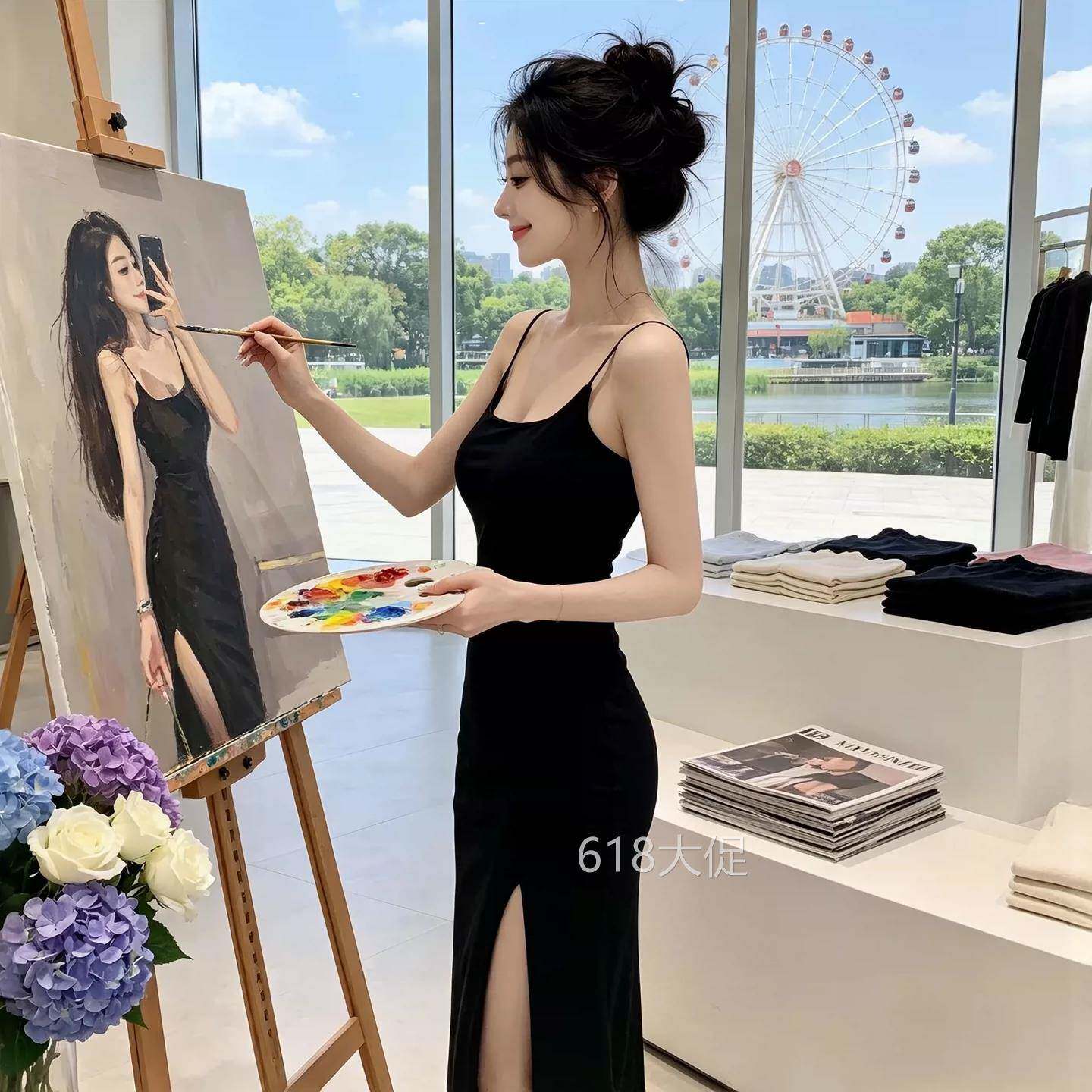 夏季ins超火御姐纯欲风性感长裙细肩带辣妹开叉吊带长款连衣裙