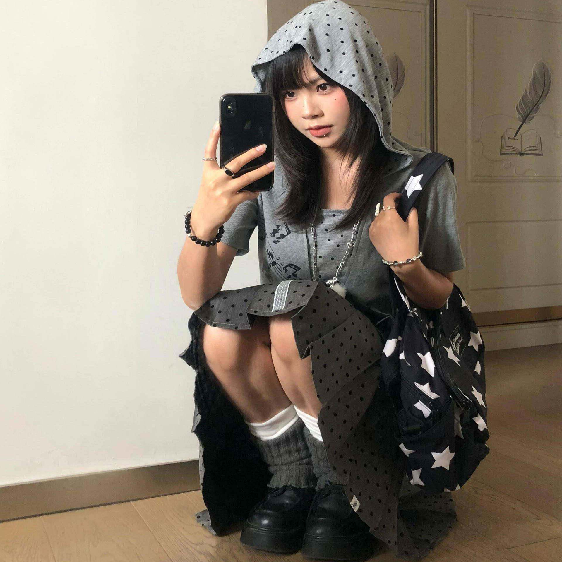 格雷系灰色波点百褶裙子半身裙女春季新款A字中裙百搭显瘦蓬蓬裙