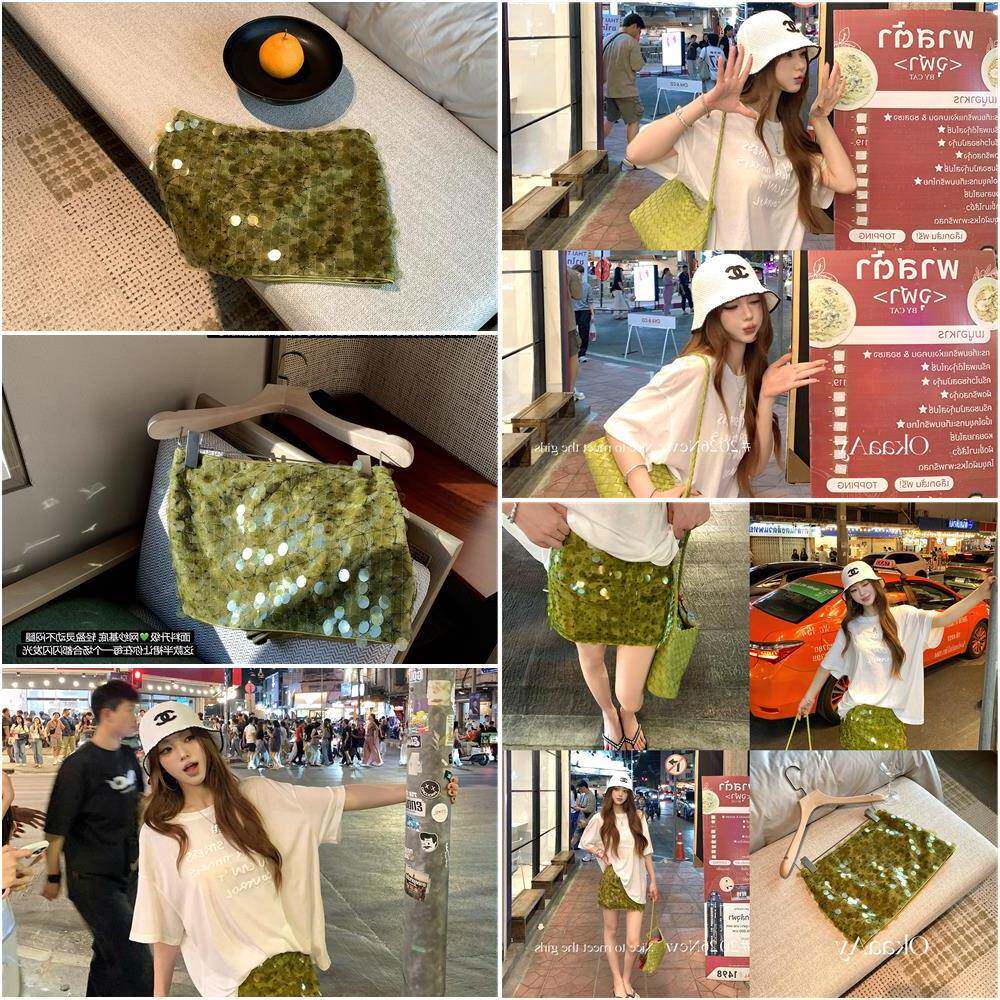 Okaaay【绿雾星芒】夏季百搭设计感重工包臀亮片高腰显瘦半身短裙