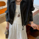 休闲软皮外套女装 皮衣女新款 潮 黑色翻领拉链短款 百搭轻奢风春款