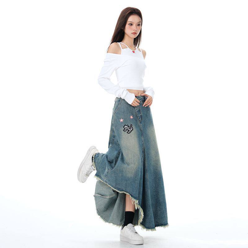 美式复古不规则设计感牛仔五角星猫咪半身裙女新款做旧a字长裙ins