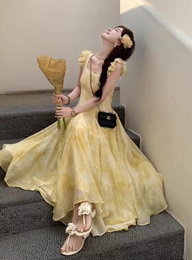 长款黄色海边度假风连衣裙长裙2025新款显瘦裙子女夏飞飞袖