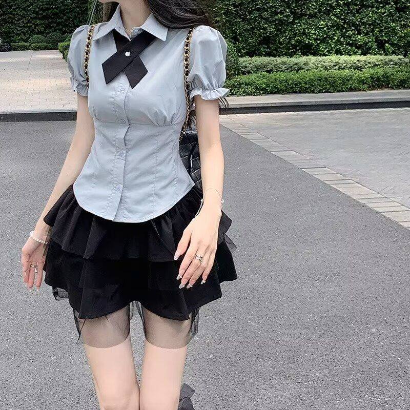 小个子JK制服套装女短款衬衫上衣夏季蓬蓬半身裙学院风裙子两件套