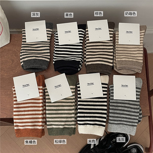 2023新款 咖系条纹袜秋冬百搭袜中筒袜女士学院风日系百搭堆堆袜子