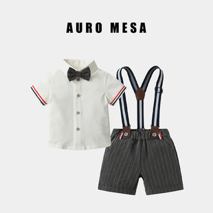 男宝夏季短裤套装绅士衬衣背带短裤两件套婴童满月百天周岁拍照服