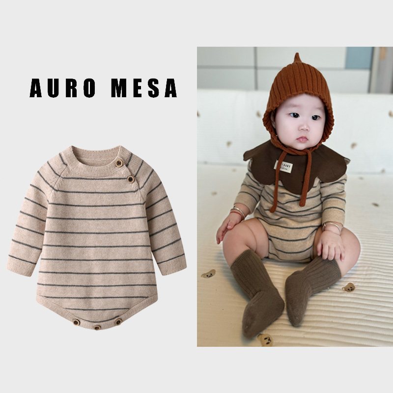 间条婴儿三角哈衣秋冬美拉德色系