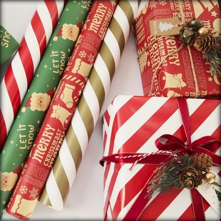 圣诞节包装 条纹彩纸耶诞节圣诞礼物盒姜饼人牛皮纸节日派对 纸套装