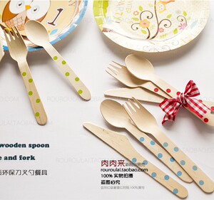 生日派对餐具 结婚派对 儿童聚会餐具 点点木质刀叉勺餐具