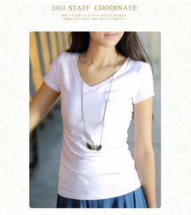 女装弹力莱卡棉女款衫修身短袖T恤女白色大V领打底衫衣服夏女