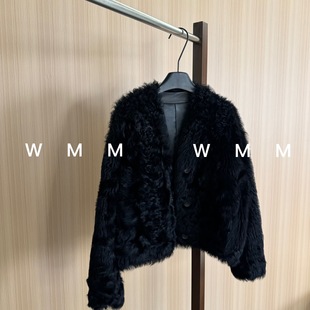 WMM黑天使自留女常规V领立领拖卡卷毛黑色显瘦气质女装外套新款