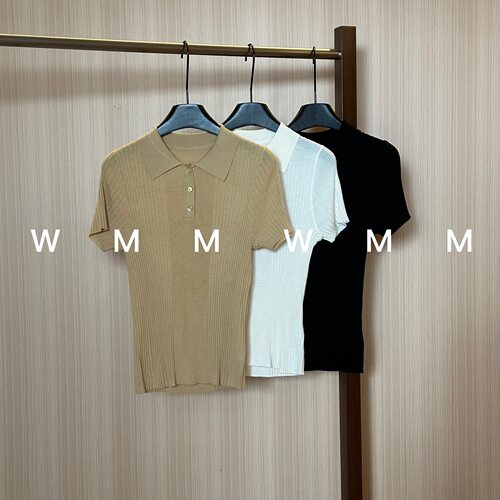WMM坑条纯色Polo短袖针织衫女新款休闲百搭时尚气质舒适显瘦上衣