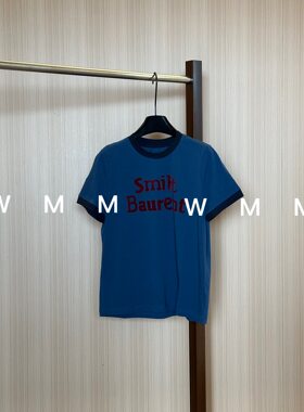 WMM蓝色调撞色彩色领口拼接撞色短袖T恤女夏季百搭时尚上衣韩显瘦