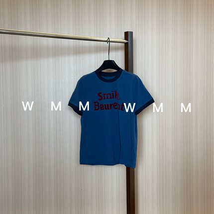 WMM蓝色调撞色彩色领口拼接撞色短袖T恤女夏季百搭时尚上衣韩显瘦